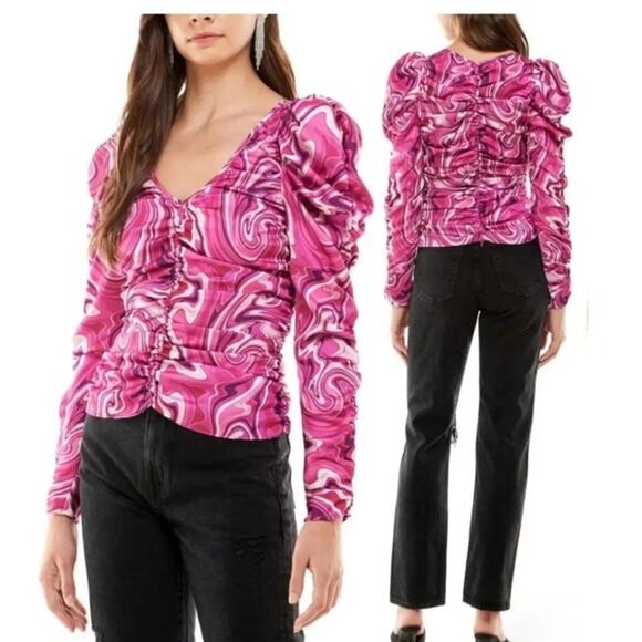NWOT Wayf Topanga Ruched Puff Long Sleeve Satin Top in Fuscia Swirl Sz Small - Picture 1 of 14